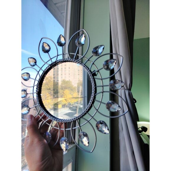 Round Wall Accent Decorative Mirror Silver Metal Flower Rhinestone 9.5" - Picture 10 of 13